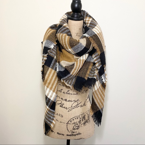 Accessories - Tan, black, and white plaid blanket scarf